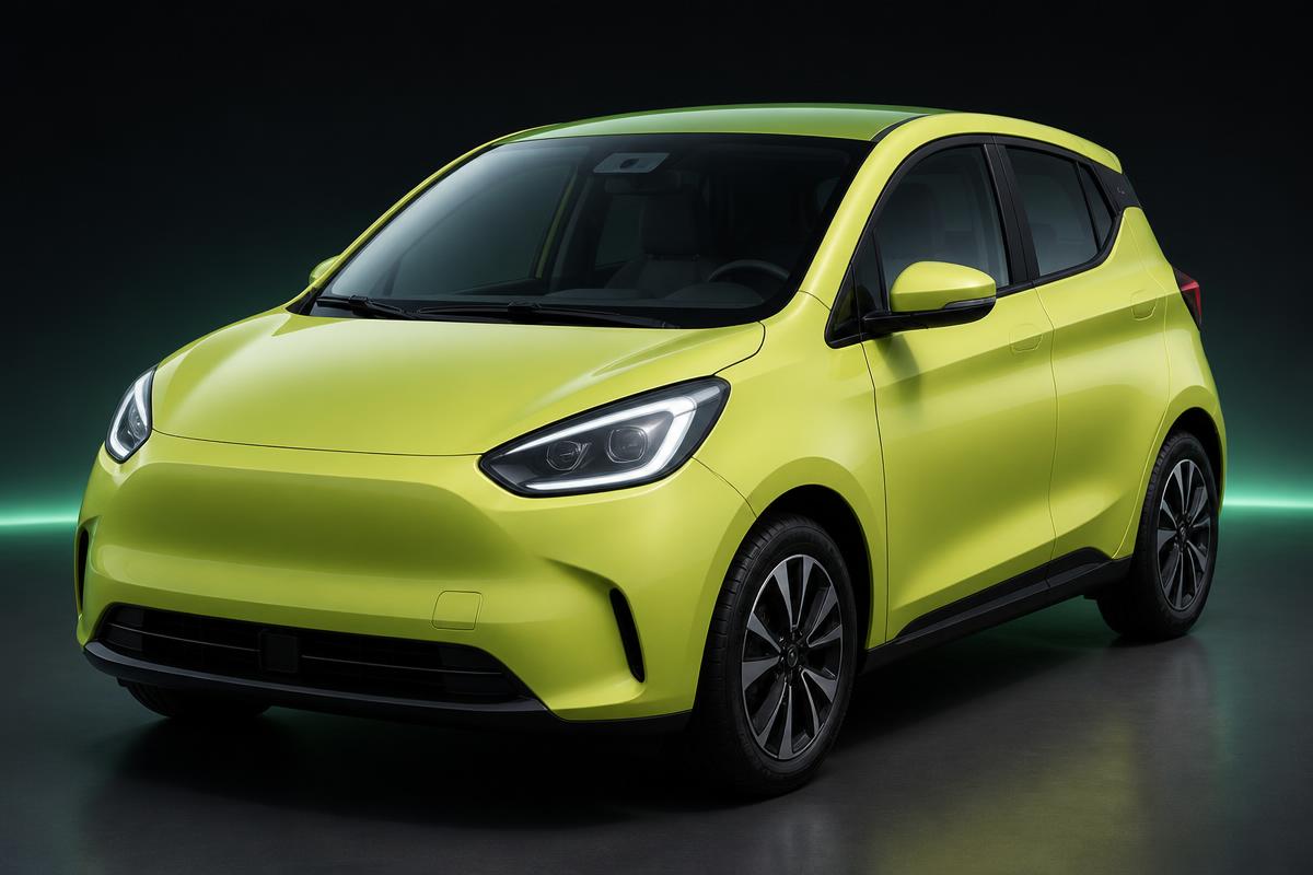 Render del eVIR canario, hatchback eléctrico verde lima, vista tres cuartos